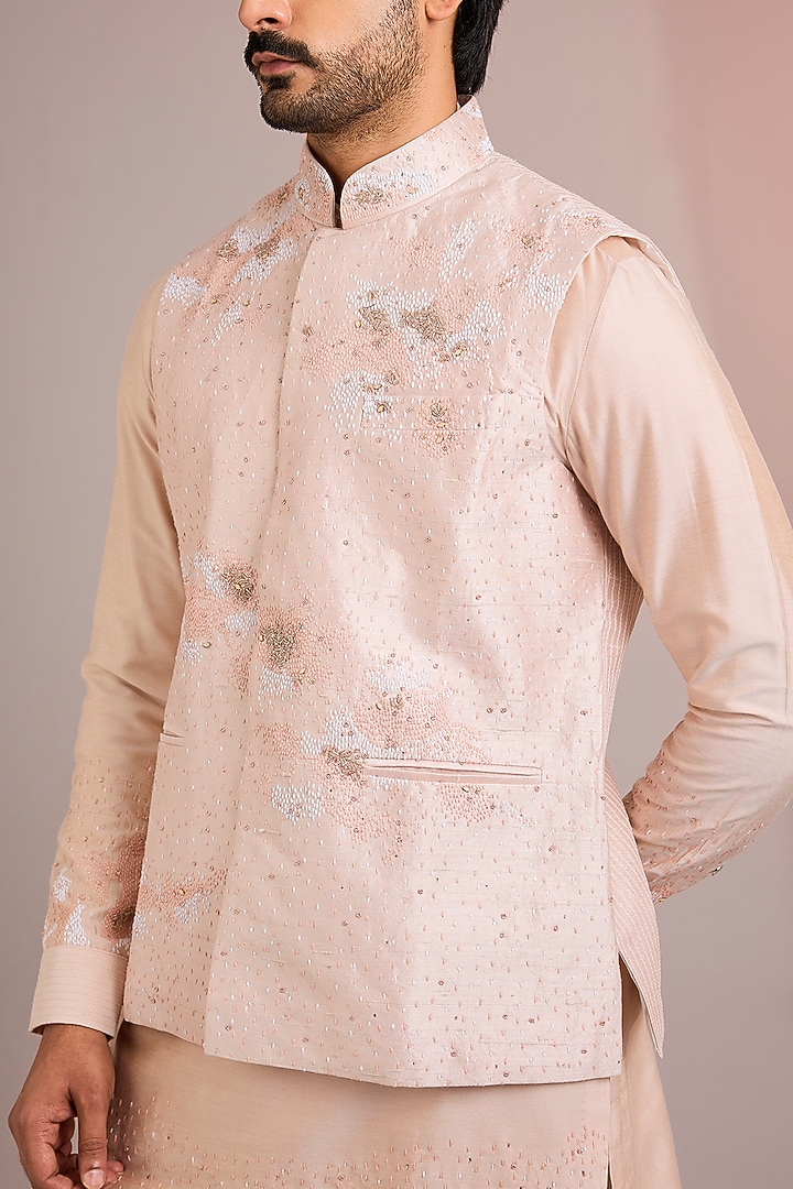 Peach Silk Bundi Jacket Set by Abkasa at Pernia's Pop Up Shop