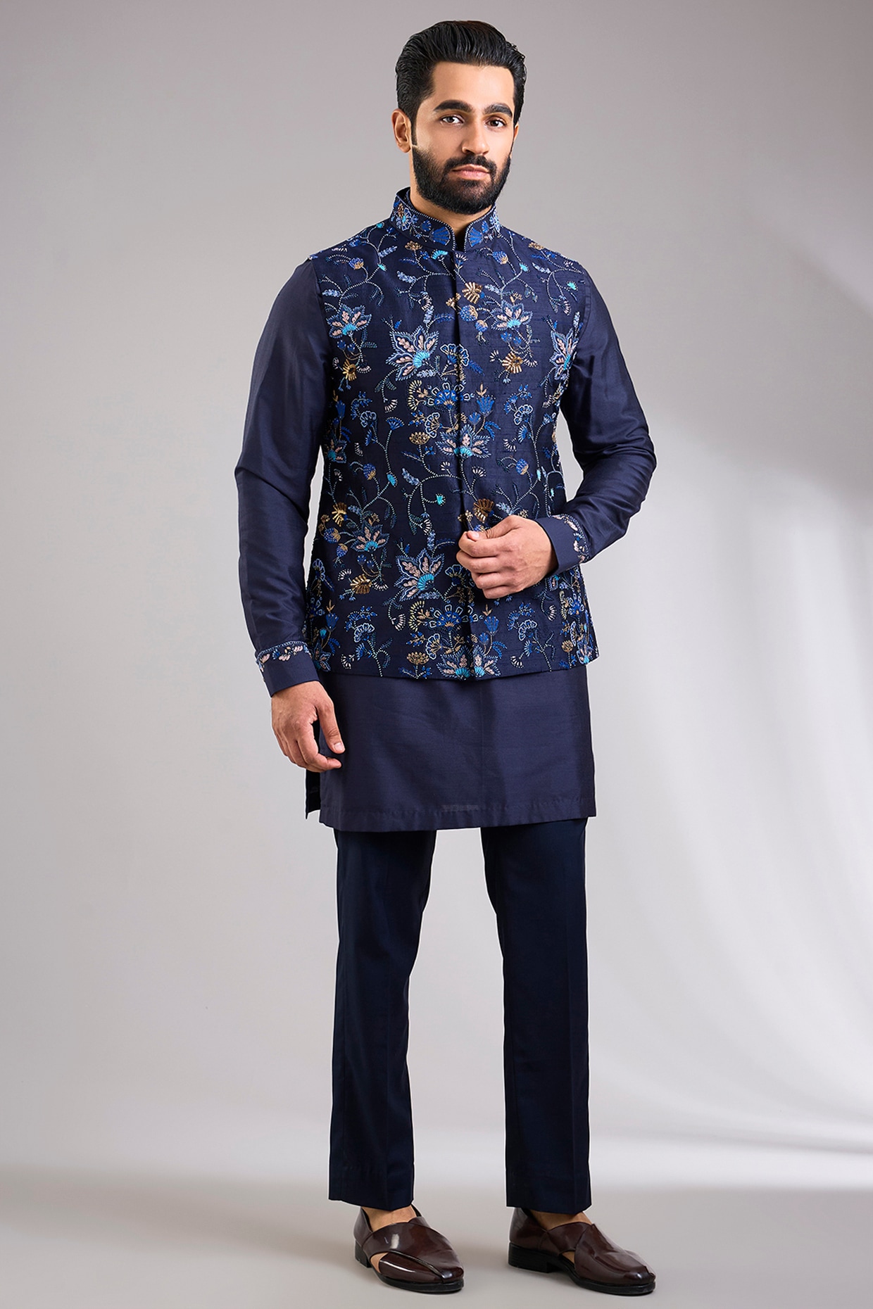 Abkasa Navy Blue Silk Bundi Jacket Set