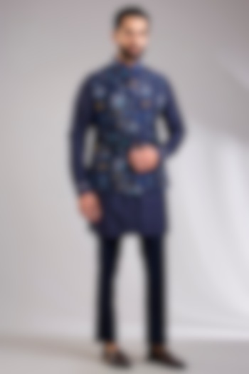 Navy Blue Silk Bundi Jacket Set by Abkasa at Pernia's Pop Up Shop