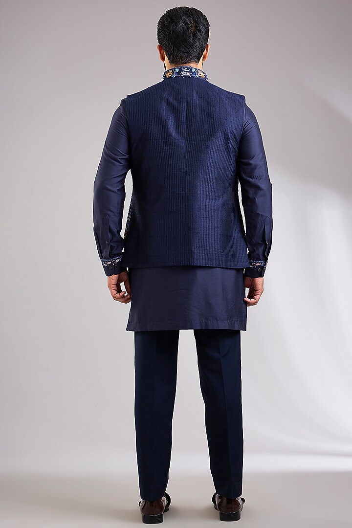 Navy Blue Silk Bundi Jacket Set by Abkasa at Pernia's Pop Up Shop