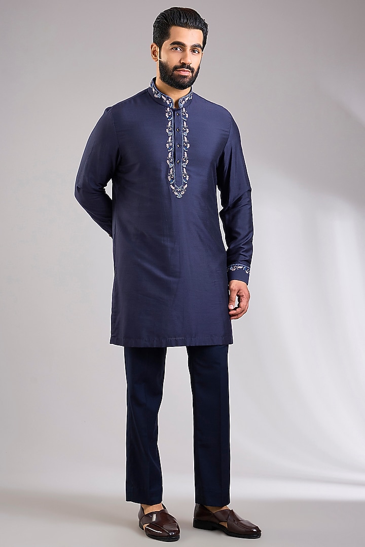 Navy Blue Silk Bundi Jacket Set by Abkasa at Pernia's Pop Up Shop
