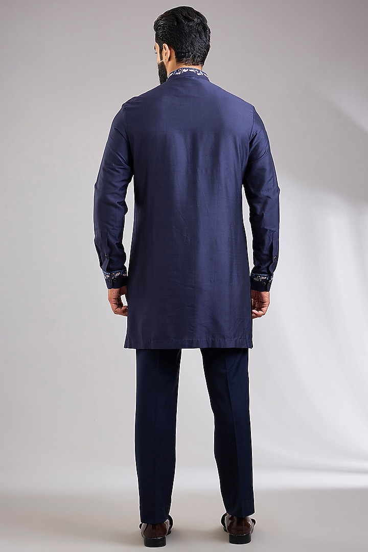 Navy Blue Silk Bundi Jacket Set by Abkasa at Pernia's Pop Up Shop