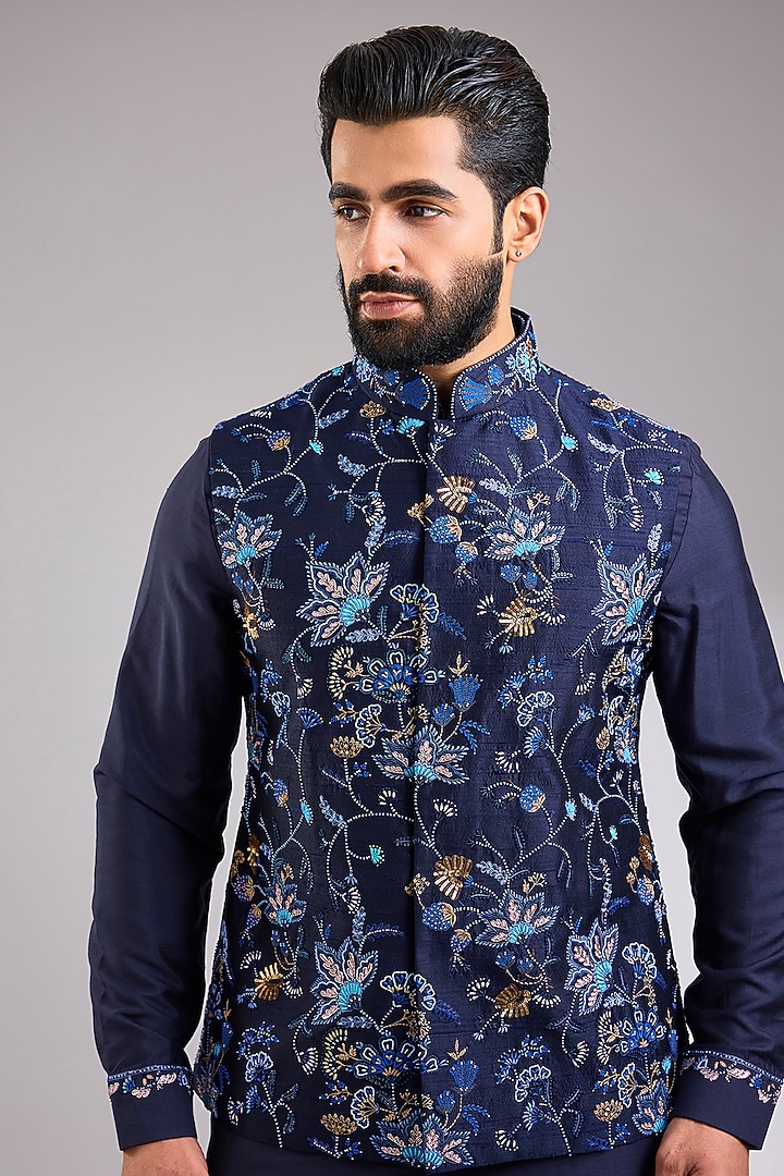Navy Blue Silk Bundi Jacket Set by Abkasa at Pernia's Pop Up Shop