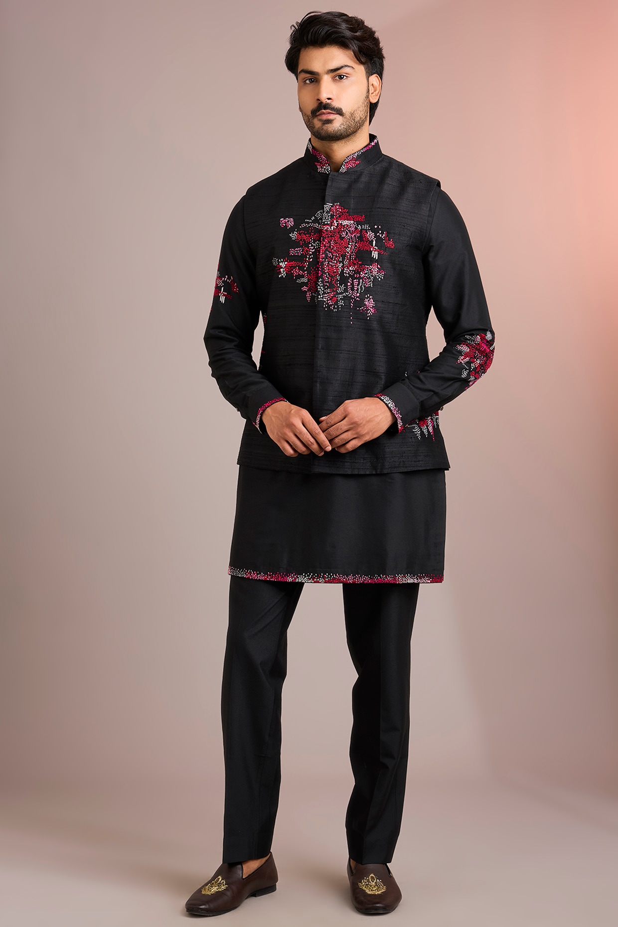 Abkasa Black Silk Bundi Jacket Set