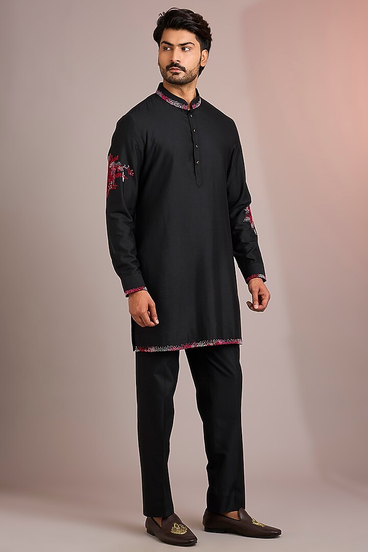 Black Silk Bundi Jacket Set by Abkasa at Pernia's Pop Up Shop