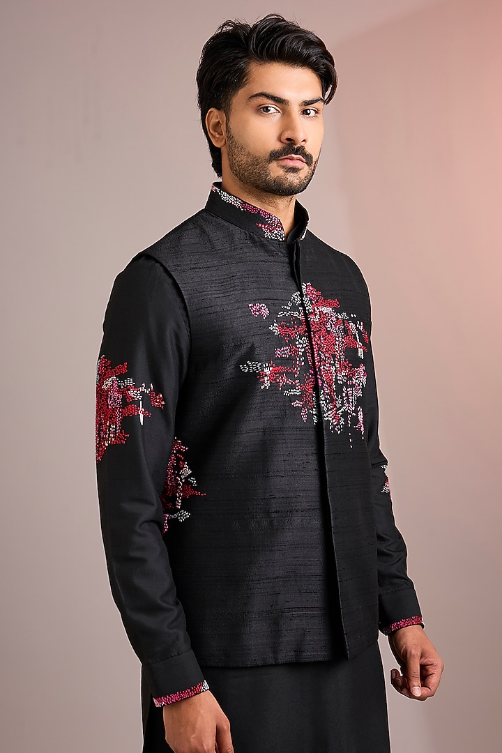 Black Silk Bundi Jacket Set by Abkasa at Pernia's Pop Up Shop