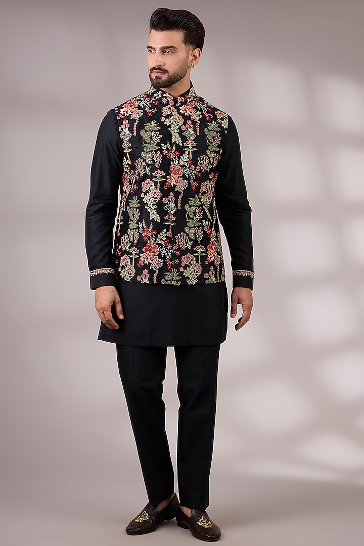 Black Silk Bundi Jacket Set by Abkasa at Pernia's Pop Up Shop