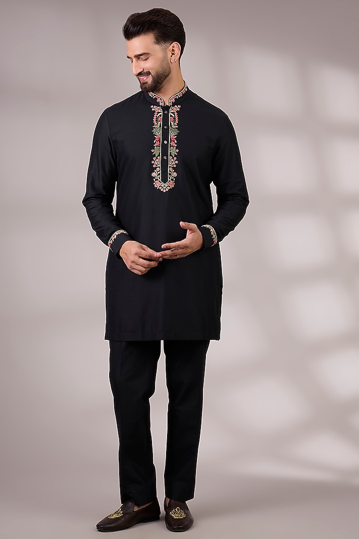 Black Silk Bundi Jacket Set by Abkasa at Pernia's Pop Up Shop