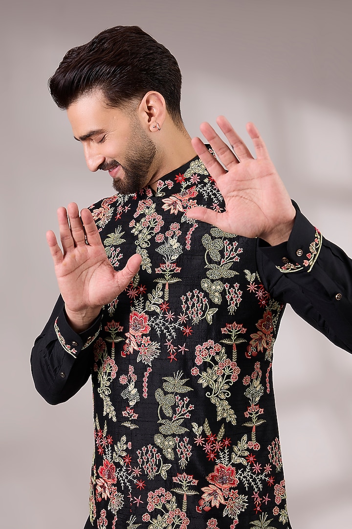 Black Silk Bundi Jacket Set by Abkasa at Pernia's Pop Up Shop