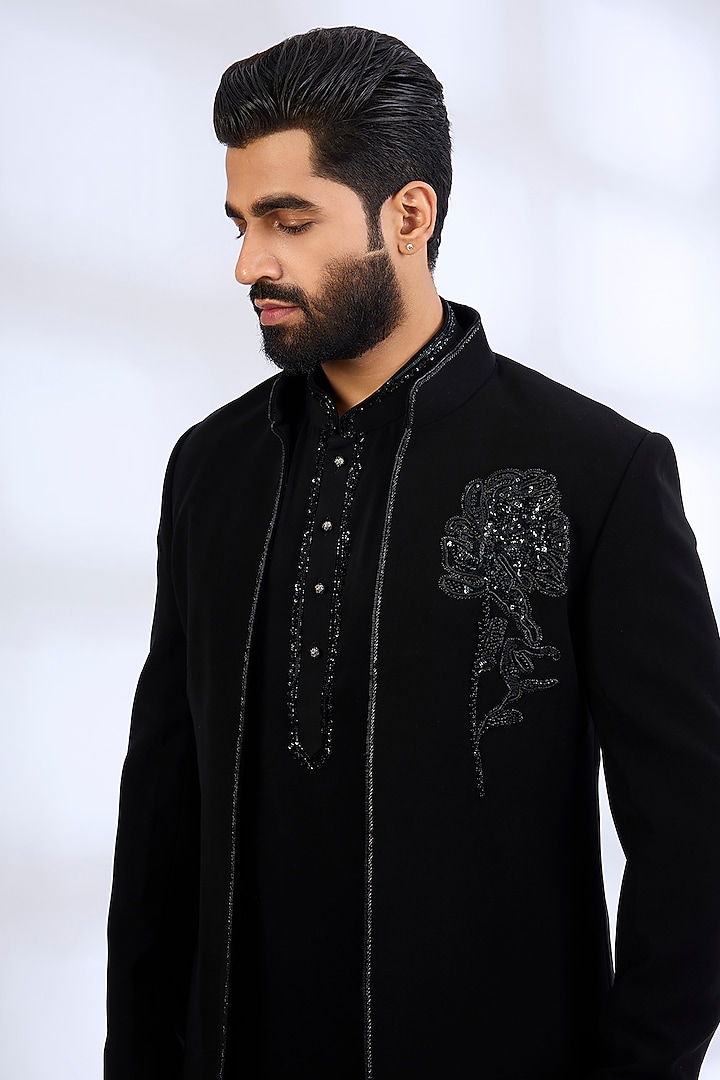 Black Pure Silk Bundi Jacket Set by Abkasa at Pernia's Pop Up Shop