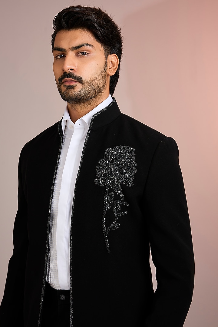 Black Japanese Fabric Wedding Indowestern Set by Abkasa at Pernia's Pop Up Shop