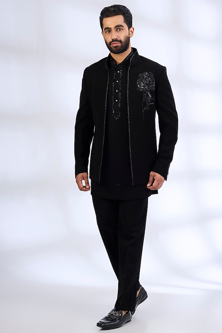 Black Pure Silk Bundi Jacket Set by Abkasa at Pernia's Pop Up Shop