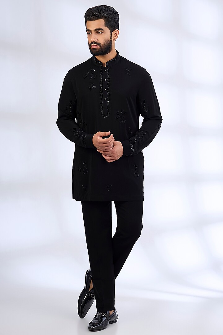 Black Pure Silk Bundi Jacket Set by Abkasa at Pernia's Pop Up Shop