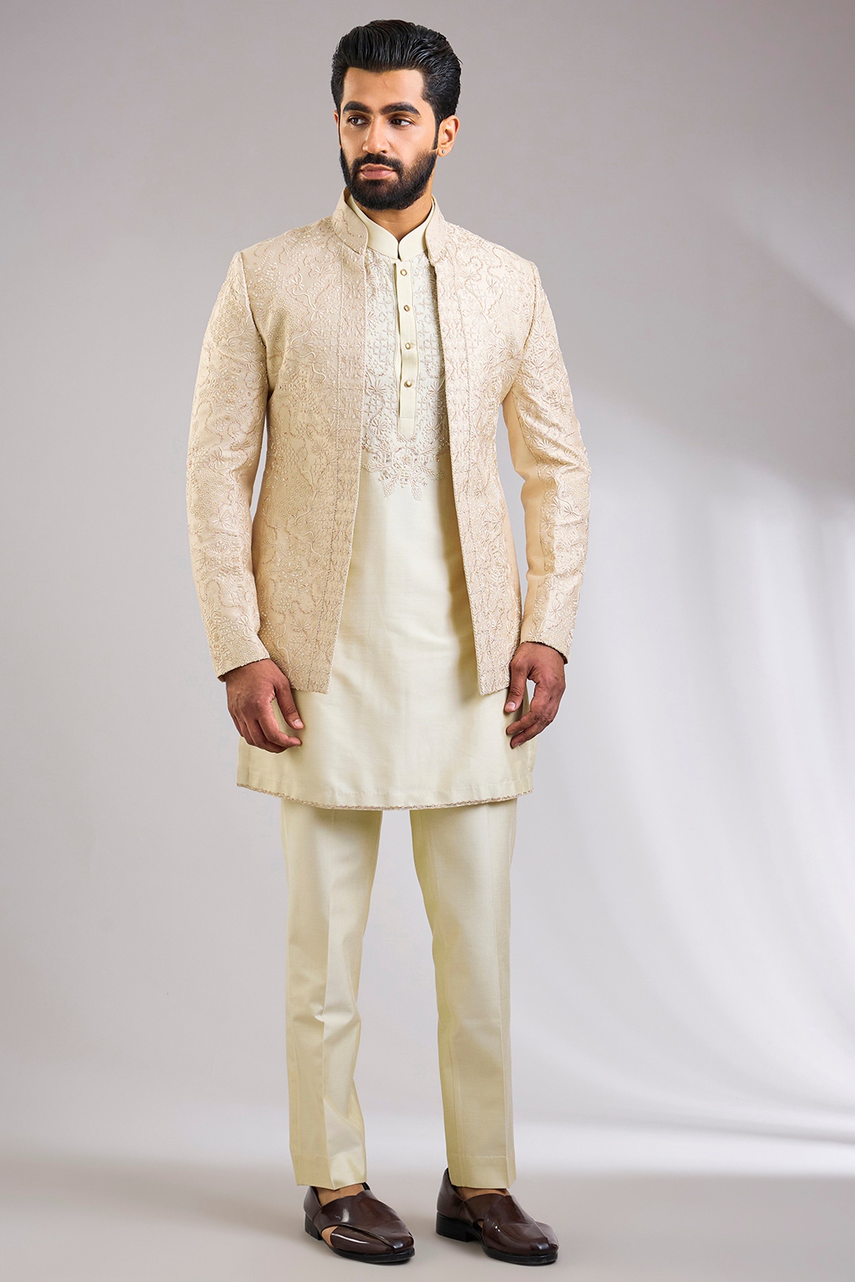 Abkasa Beige Silk Indowestern Jacket Set