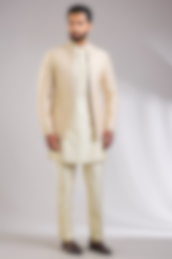 Beige Silk Groom Indowestern Jacket Set by Abkasa at Pernia's Pop Up Shop