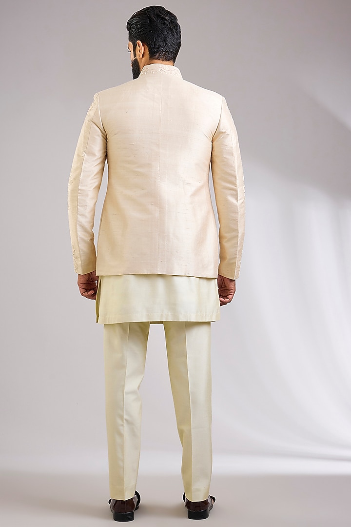 Beige Silk Groom Indowestern Jacket Set by Abkasa at Pernia's Pop Up Shop