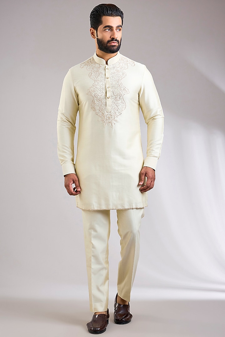 Beige Silk Groom Indowestern Jacket Set by Abkasa at Pernia's Pop Up Shop