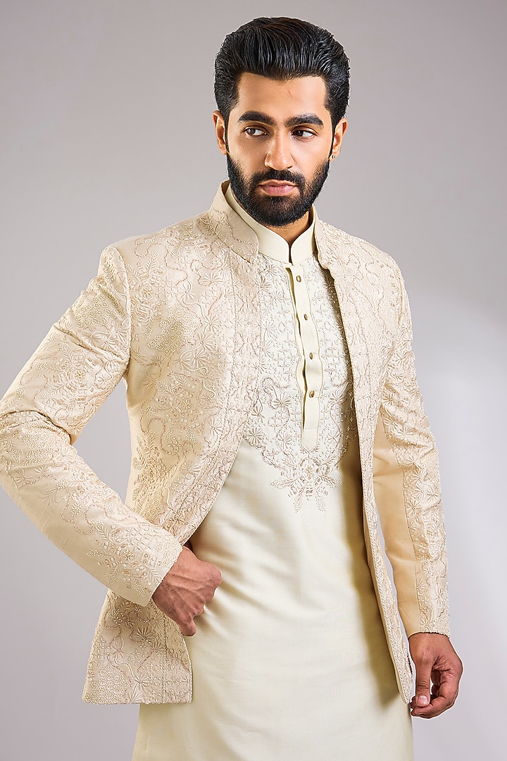 Beige Silk Groom Indowestern Jacket Set by Abkasa at Pernia's Pop Up Shop