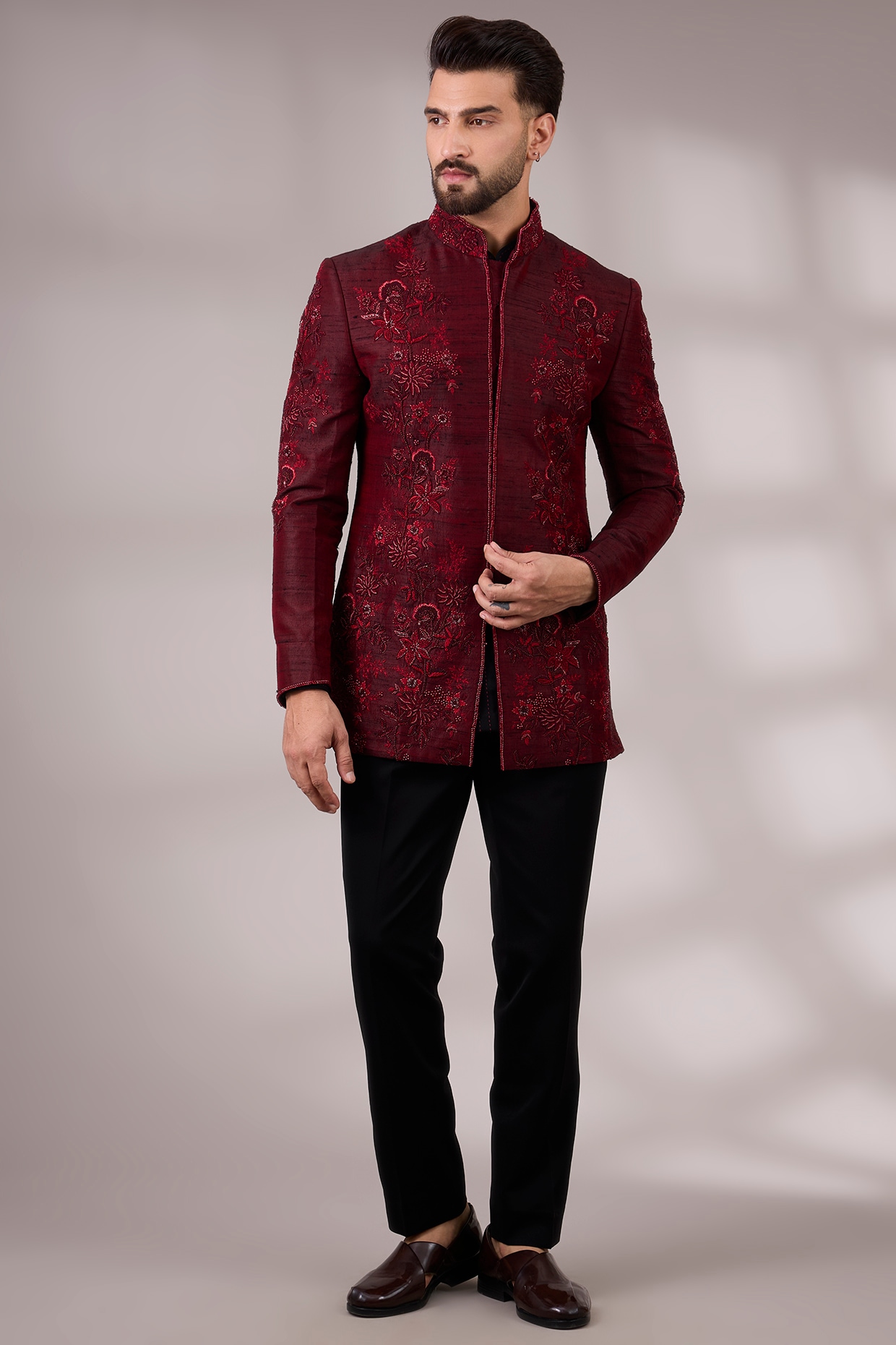 Abkasa Maroon Silk Indowestern Set