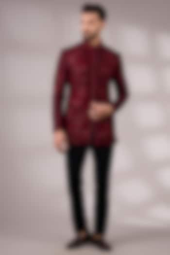 Maroon Silk Groom Indowestern Set by Abkasa at Pernia's Pop Up Shop