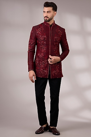 Maroon Silk Indowestern Set by Abkasa