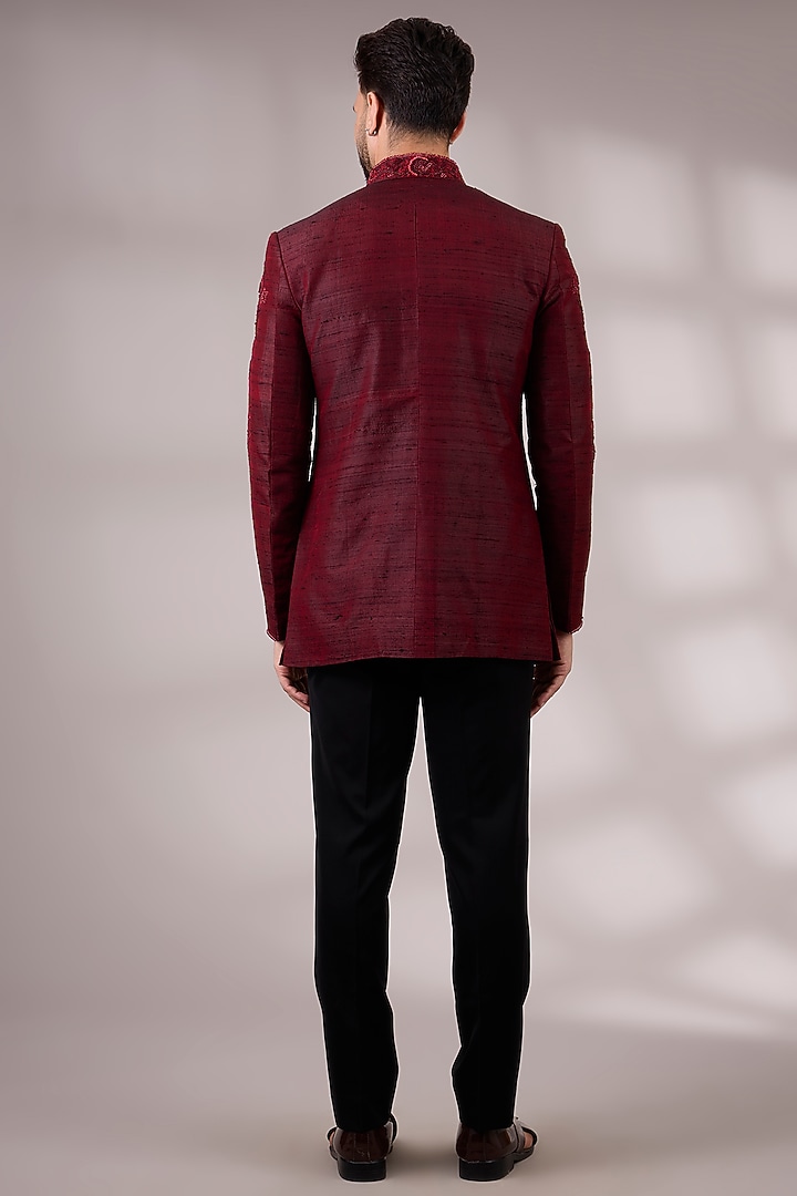 Maroon Silk Groom Indowestern Set by Abkasa at Pernia's Pop Up Shop