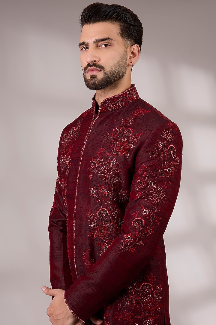 Maroon Silk Groom Indowestern Set by Abkasa at Pernia's Pop Up Shop