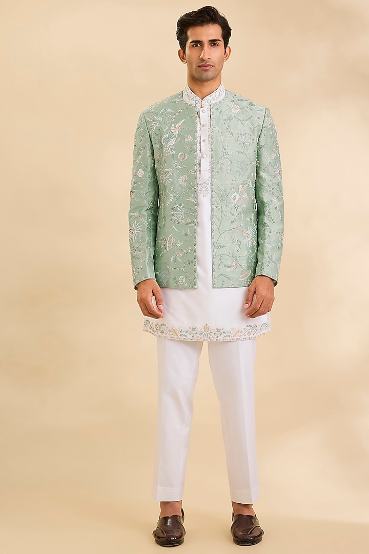 Mint Dupion Silk Groom Indowestern Jacket Set by Abkasa at Pernia's Pop Up Shop