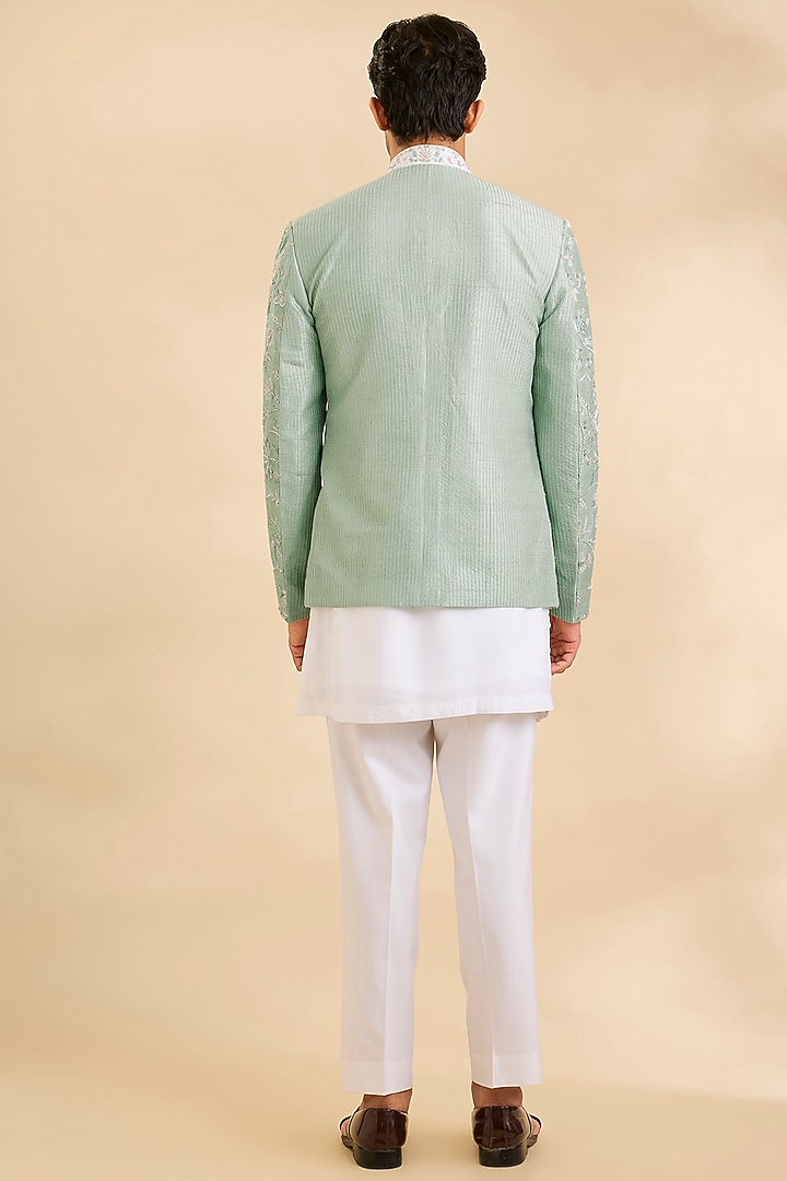 Mint Dupion Silk Groom Indowestern Jacket Set by Abkasa at Pernia's Pop Up Shop