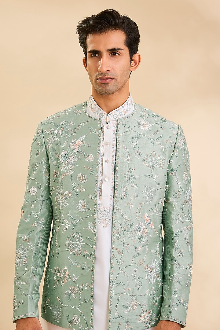 Mint Dupion Silk Groom Indowestern Jacket Set by Abkasa at Pernia's Pop Up Shop