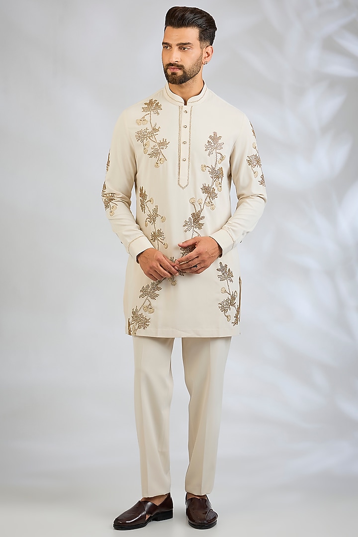 Beige Cotton Satin Kurta Set by Abkasa at Pernia's Pop Up Shop
