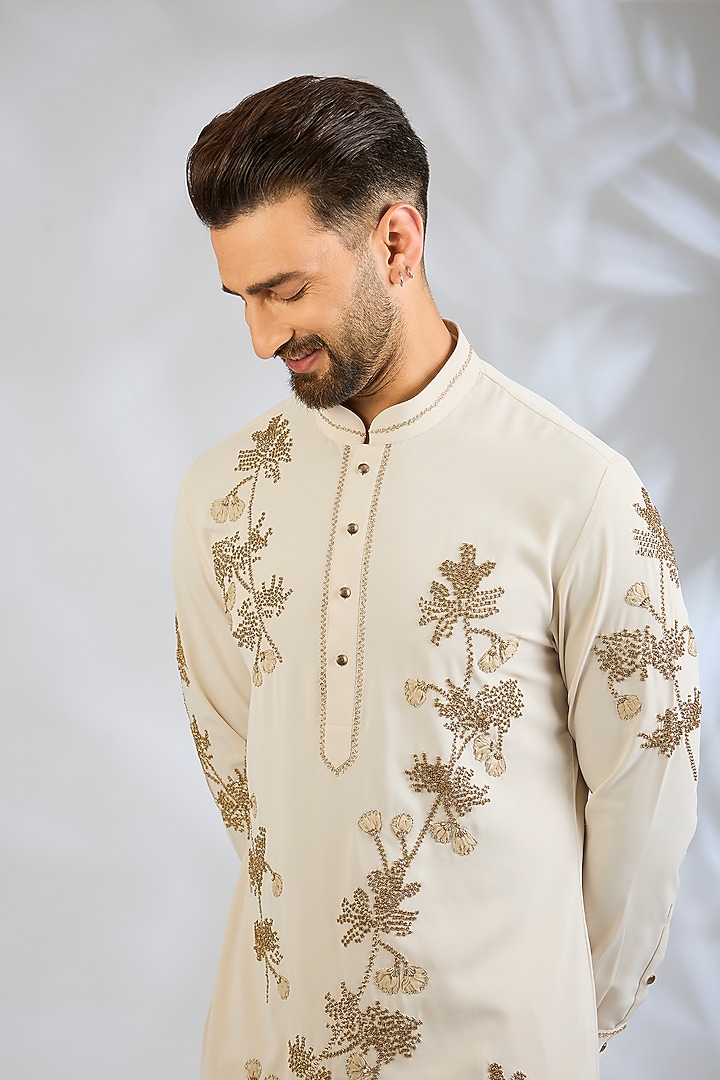 Beige Cotton Satin Kurta Set by Abkasa at Pernia's Pop Up Shop