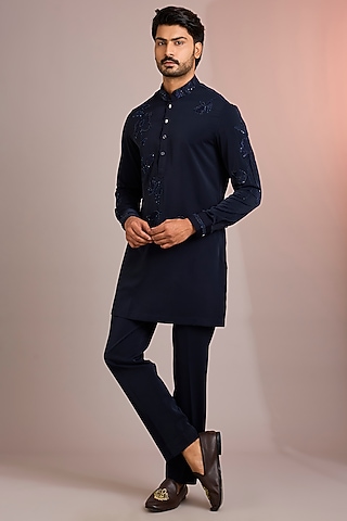 Navy Blue Silk Kurta Set by Abkasa