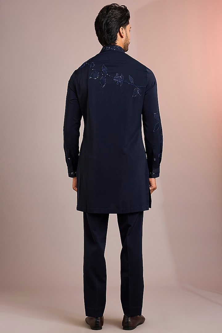 Navy Blue Silk Kurta Set by Abkasa at Pernia's Pop Up Shop