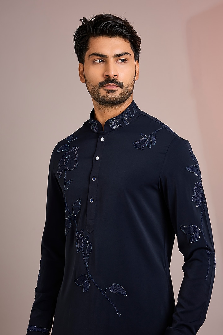 Navy Blue Silk Kurta Set by Abkasa at Pernia's Pop Up Shop