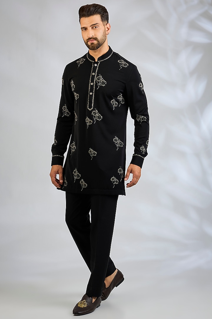Black Cotton Satin Kurta Set by Abkasa at Pernia's Pop Up Shop