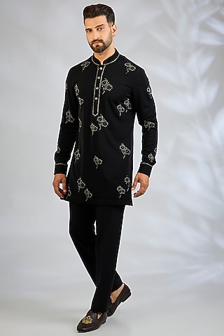 Black Cotton Satin Kurta Set by Abkasa