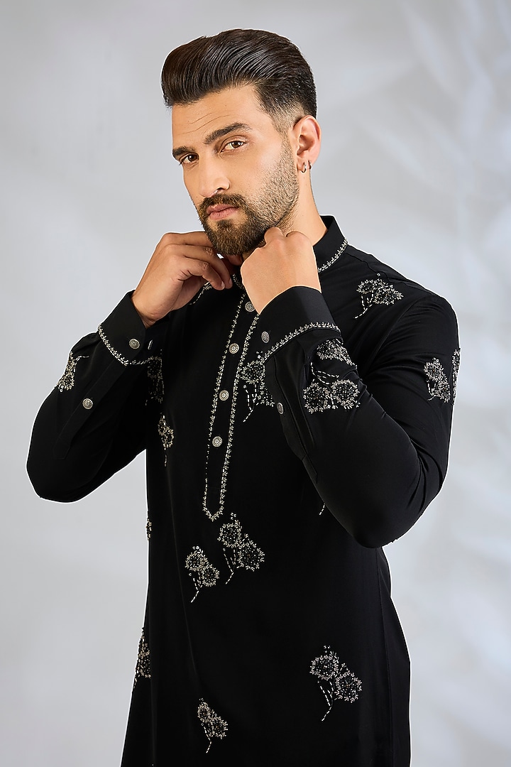 Black Cotton Satin Kurta Set by Abkasa at Pernia's Pop Up Shop