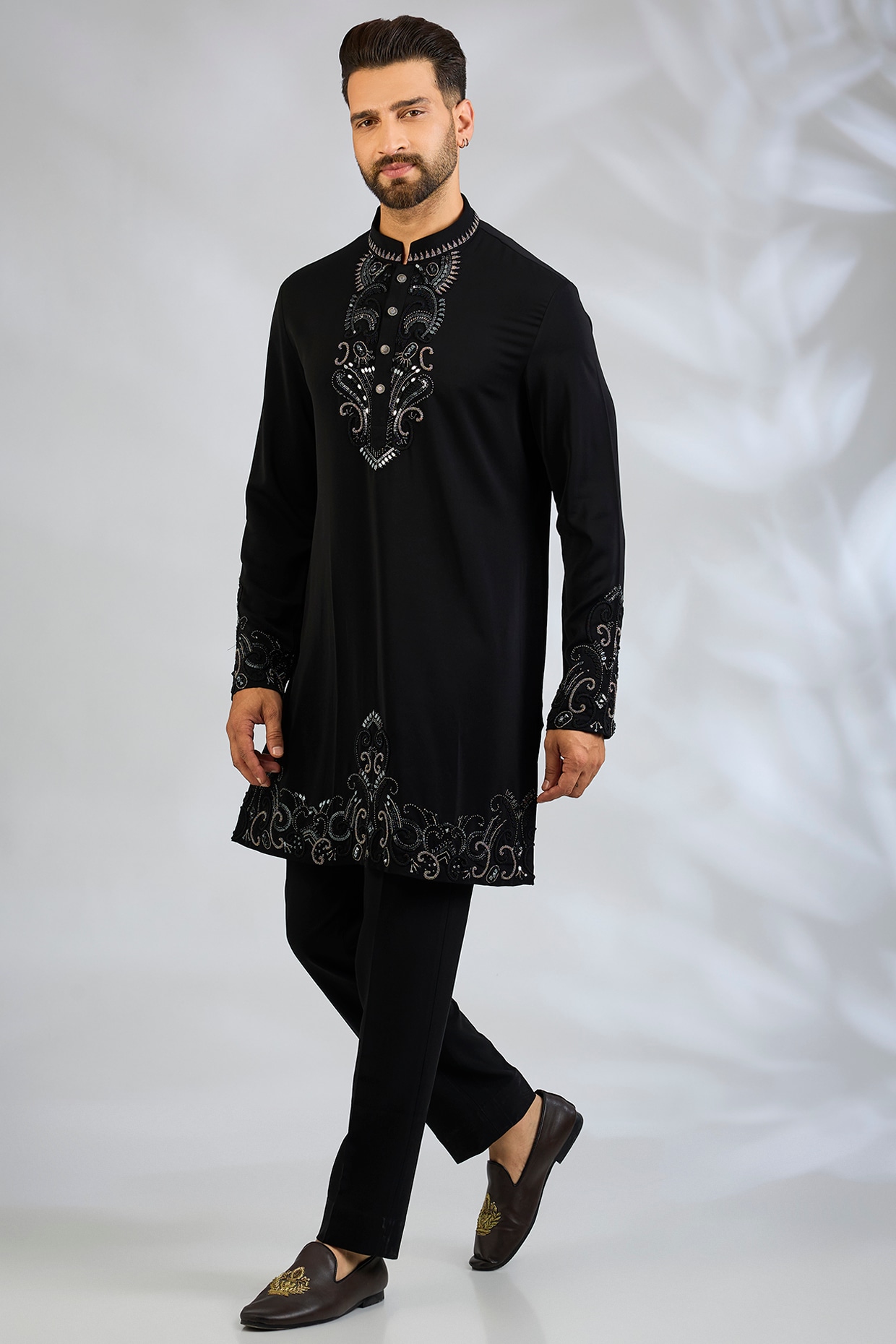 Abkasa Black Cotton Satin Kurta Set