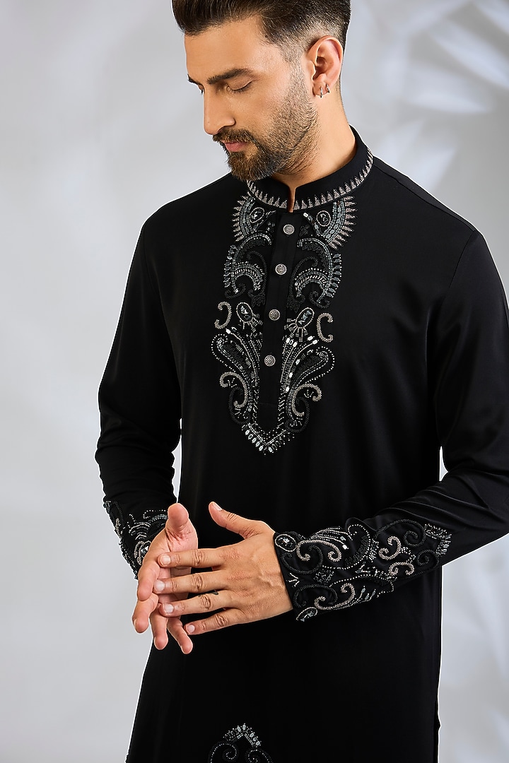 Black Cotton Satin Kurta Set by Abkasa at Pernia's Pop Up Shop
