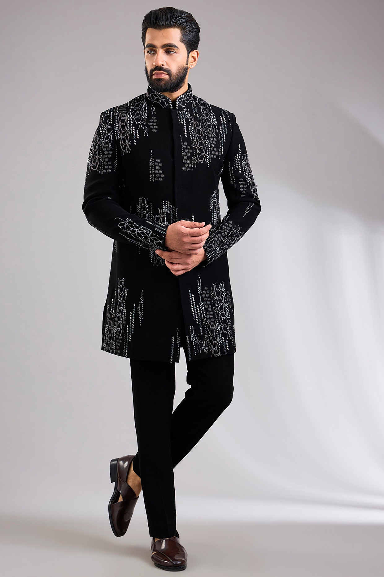 Abkasa Black Silk Indowestern Jacket Set