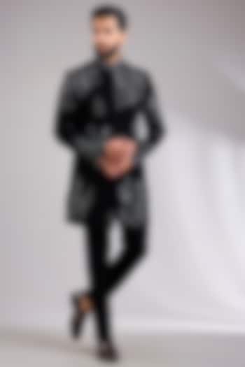 Black Silk Wedding Indowestern Jacket Set by Abkasa at Pernia's Pop Up Shop
