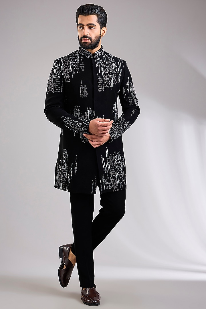 Black Silk Wedding Indowestern Jacket Set by Abkasa at Pernia's Pop Up Shop
