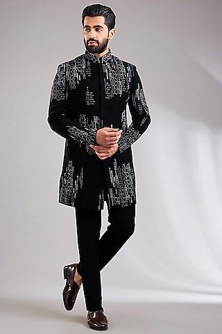 Black Silk Indowestern Jacket Set by Abkasa