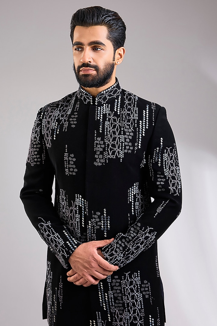 Black Silk Wedding Indowestern Jacket Set by Abkasa at Pernia's Pop Up Shop