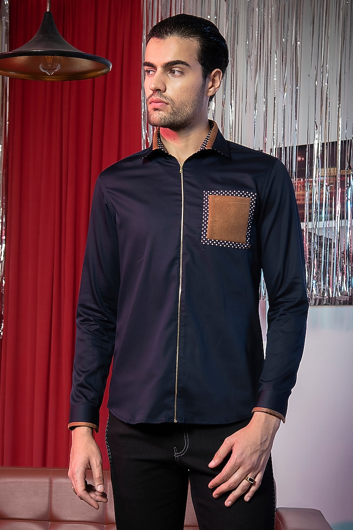 Navy Blue Cotton Printed Summer Shirt by Abkasa at Pernia's Pop Up Shop