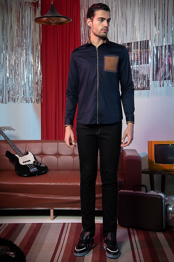 Navy Blue Cotton Printed Summer Shirt by Abkasa at Pernia's Pop Up Shop