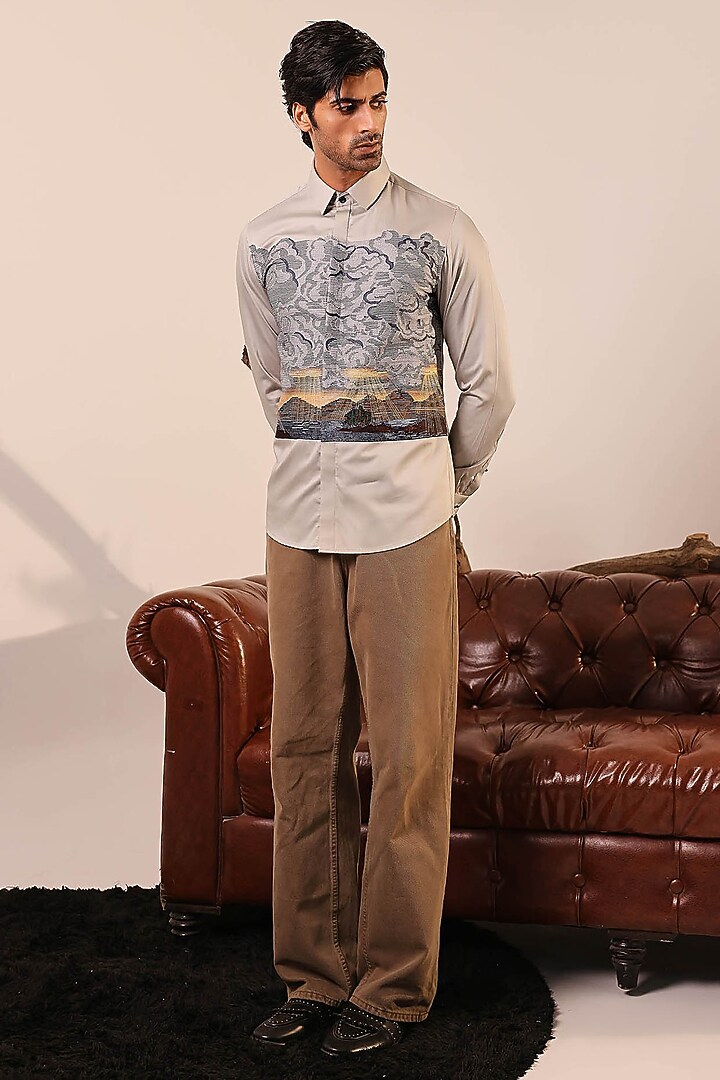 Beige Cotton Hand Embroidered Wedding Shirt by Abkasa at Pernia's Pop Up Shop