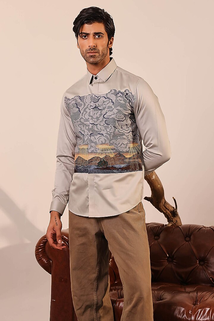 Beige Cotton Hand Embroidered Wedding Shirt by Abkasa at Pernia's Pop Up Shop