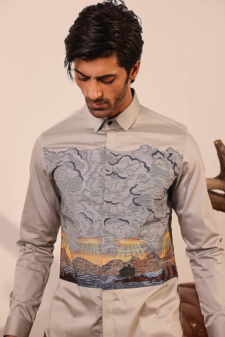 Beige Cotton Hand Embroidered Wedding Shirt by Abkasa at Pernia's Pop Up Shop